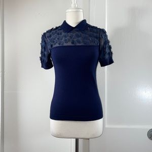 Draper James Navy Floral Appliqué Collared Sweater
